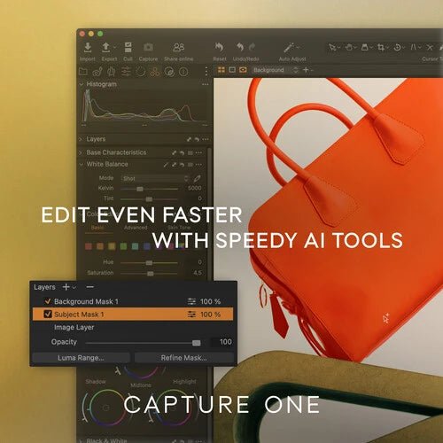 Capture One's editing interface highlighting the speedy AI tools that facilitate faster image editing.