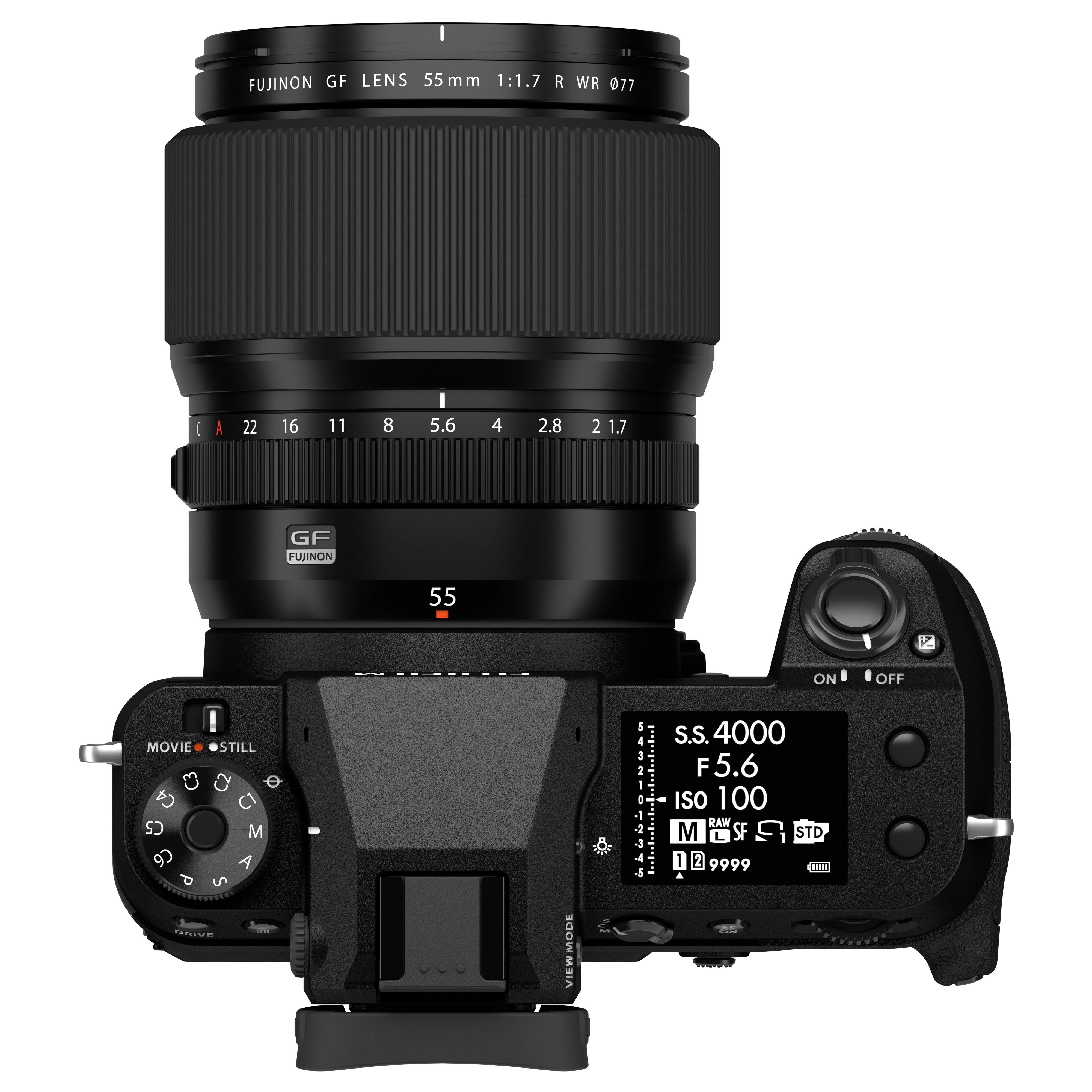 FUJINON GF55mmF1.7 R WR Lens With Camera - Top View