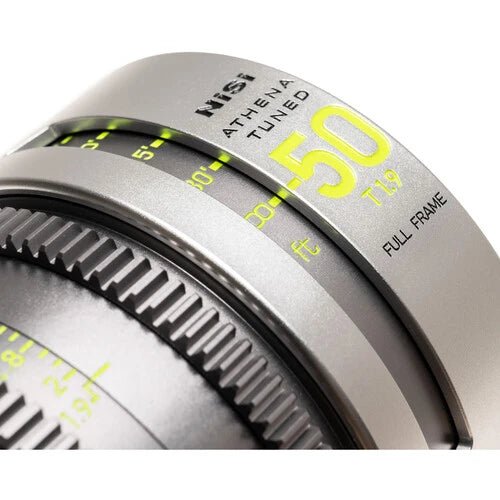 Close-up of the NiSi ATHENA 50mm lens showing focus scale details.