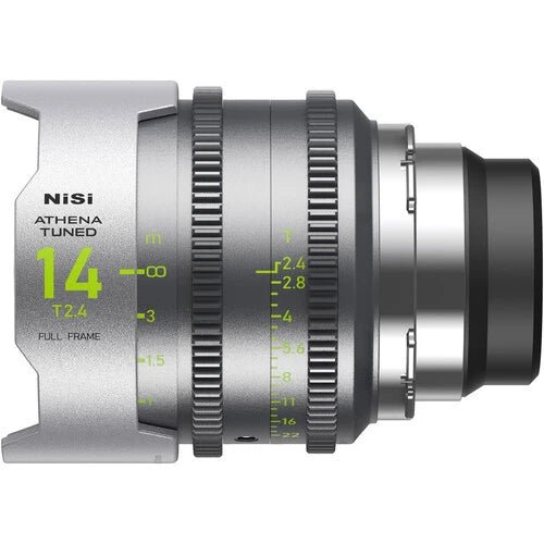 NiSi 14mm T2.4 Athena Tuned cine lens showcasing aperture and focus rings.