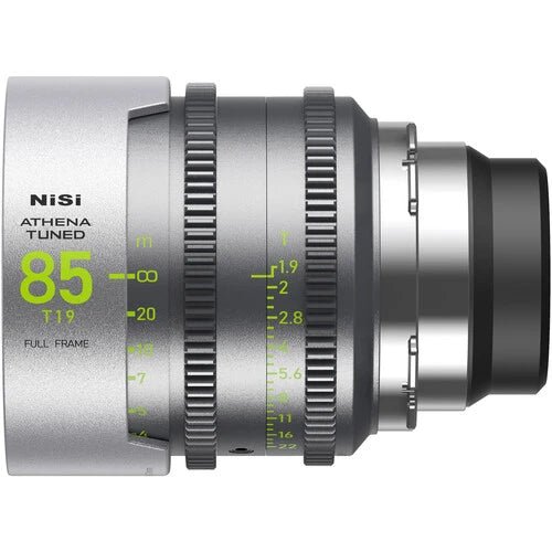 Detailed view of the NiSi 85mm T1.9 Athena Tuned cine lens.