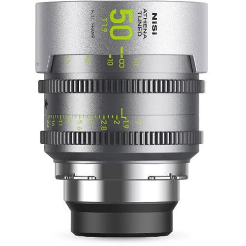 Top view of NiSi ATHENA 50mm lens showcasing detailed focus and T-stop values.