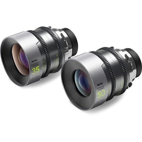 Paired view of NiSi ATHENA 35mm and 50mm lenses with focus scale highlights.