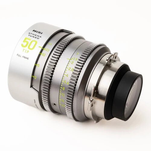 Full view of NiSi ATHENA 50mm lens showing its body, focus, and aperture rings.