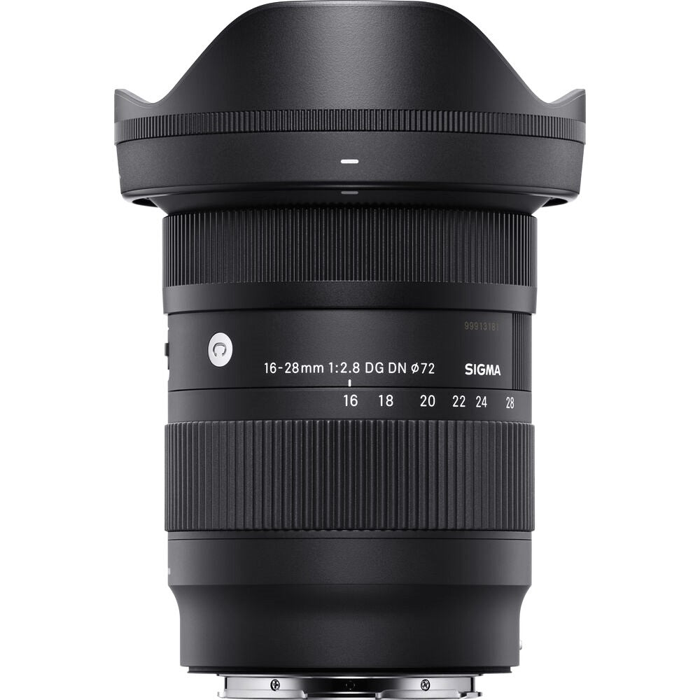 Sigma 16-28mm F2.8 DG DN Contemporary Lens (Leica L Mount) with Attached Lens Hood on the Top